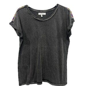 Zara Size M Aztec Design Beaded Top T-Shirt Tee Cap Sleeve Gray Boho‎